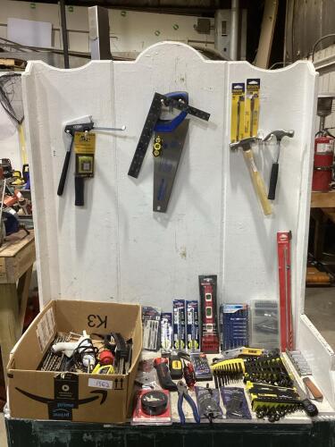 SHOP BOX OF MISCELLANEOUS W/ DRILL BITS, WRENCHES, HAMMERS, HANDSAW, PILERS & MISCELLANEOUS