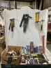 SHOP BOX OF MISCELLANEOUS W/ DRILL BITS, WRENCHES, HAMMERS, HANDSAW, PILERS & MISCELLANEOUS