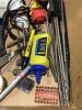 SHOP BOX OF MISCELLANEOUS W/ DRILL BITS, WRENCHES, HAMMERS, HANDSAW, PILERS & MISCELLANEOUS - 3