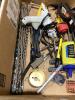 SHOP BOX OF MISCELLANEOUS W/ DRILL BITS, WRENCHES, HAMMERS, HANDSAW, PILERS & MISCELLANEOUS - 4