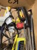 SHOP BOX OF MISCELLANEOUS W/ DRILL BITS, WRENCHES, HAMMERS, HANDSAW, PILERS & MISCELLANEOUS - 5