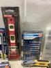 SHOP BOX OF MISCELLANEOUS W/ DRILL BITS, WRENCHES, HAMMERS, HANDSAW, PILERS & MISCELLANEOUS - 10