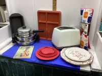 2-boxes. POTS,,UTENSILS,TOASTER,CHRISTMAS PLATES