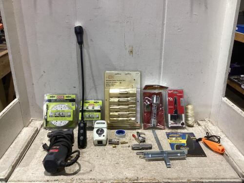 SHOP BOX OF MISCELLANEOUS W/ SIOUX DRILL, SPYDER GROUT-OUT, SHOWER VALVE AOCKET SET & RYOBI DRYWALL REPAIR KIT