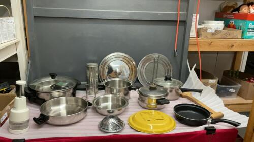BOX OF STAINLESS PANS, &ldquo;LIFETIME&rdquo; ELECTRIC FRYPAN, SLAP CHOP SPLATTER SHIELD ETC