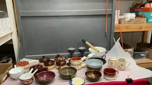 FONDUE SET, FRENCH ONION & ESCARGOT BOWLS, POTTERY BOWLS, CREAM/SUGAR SET & GOBLETS