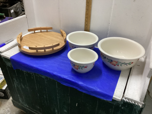 WOODEN LAZY SUSAN + CORELLE BOWLS