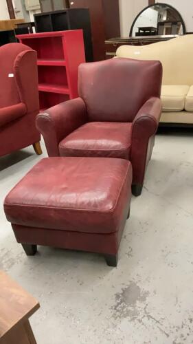 DEEP RED LEATHER CHAIR W/ OTTOMAN