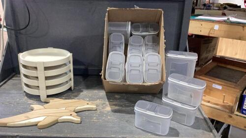 (2)BOXES - TUPPERWARE PIE TRAYS, PLASTIC STORAGE CONTAINES, DOLPHIN WOOD DECOR PIECE(INTARSIA)