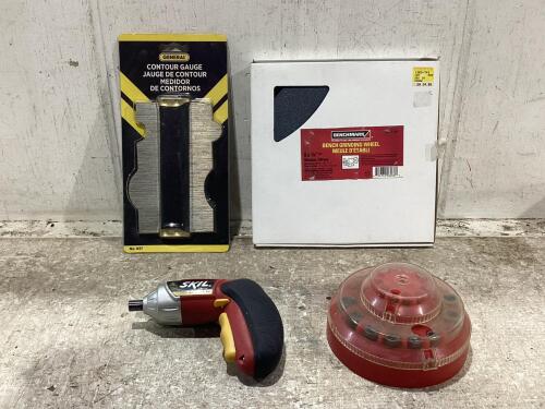 SHOP BOX W/ BENCH GRINDING WHEEL, DRILL BITS, SKIL DRILL & CONTOUR GAUGE