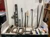 SHOP BOX W/ PRY BARS, BOX CUTTERS, CLAMPS, LEVELS & MISCELLANEOUS