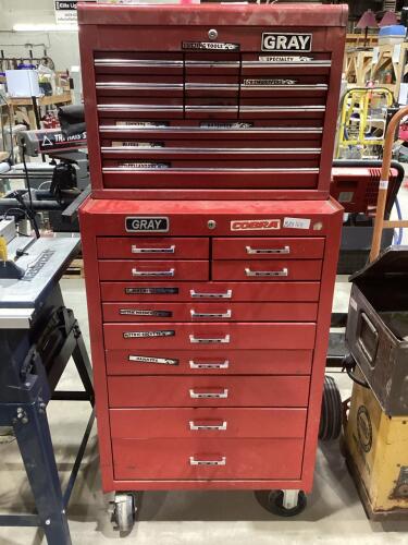 GRAY 4-WHEEL ROLLING TOOL CABINET & GRAY TOOL CHEST W/ CONTENTS - SOCKETS, WRENCHES, HAMMERS & MISCELLANEOUS
