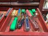 GRAY 4-WHEEL ROLLING TOOL CABINET & GRAY TOOL CHEST W/ CONTENTS - SOCKETS, WRENCHES, HAMMERS & MISCELLANEOUS - 12
