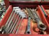 GRAY 4-WHEEL ROLLING TOOL CABINET & GRAY TOOL CHEST W/ CONTENTS - SOCKETS, WRENCHES, HAMMERS & MISCELLANEOUS - 14