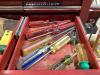 GRAY 4-WHEEL ROLLING TOOL CABINET & GRAY TOOL CHEST W/ CONTENTS - SOCKETS, WRENCHES, HAMMERS & MISCELLANEOUS - 15