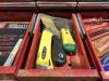 GRAY 4-WHEEL ROLLING TOOL CABINET & GRAY TOOL CHEST W/ CONTENTS - SOCKETS, WRENCHES, HAMMERS & MISCELLANEOUS - 16