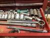 GRAY 4-WHEEL ROLLING TOOL CABINET & GRAY TOOL CHEST W/ CONTENTS - SOCKETS, WRENCHES, HAMMERS & MISCELLANEOUS - 18