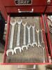 GRAY 4-WHEEL ROLLING TOOL CABINET & GRAY TOOL CHEST W/ CONTENTS - SOCKETS, WRENCHES, HAMMERS & MISCELLANEOUS - 28