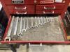 GRAY 4-WHEEL ROLLING TOOL CABINET & GRAY TOOL CHEST W/ CONTENTS - SOCKETS, WRENCHES, HAMMERS & MISCELLANEOUS - 30