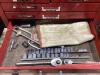 GRAY 4-WHEEL ROLLING TOOL CABINET & GRAY TOOL CHEST W/ CONTENTS - SOCKETS, WRENCHES, HAMMERS & MISCELLANEOUS - 32