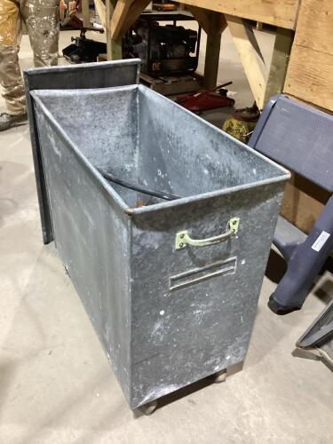 4-WHEEL ROLLING STEEL CART W/ MISCELLANEOUS CONTENTS - HANDSAW, APRON & PUMP