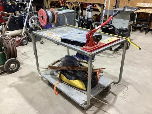 4-WHEEL STEEL SNARE BENCH CART W/ MISCELLANEOUS CONTENT