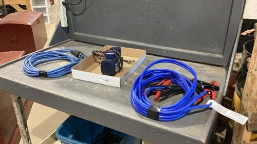 BOOSTER CABLES, SMALL 12V AIR COMPRESSOR, EXTENSION CORD