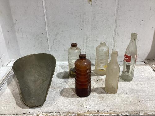 ANTIQUE NAIL SCALE & (5) BOTTLES