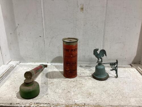 ANTIQUE BOX W/ FIRE EXTINGUISHER, WALL MOUNTED BELL & INSECT SPRAYER