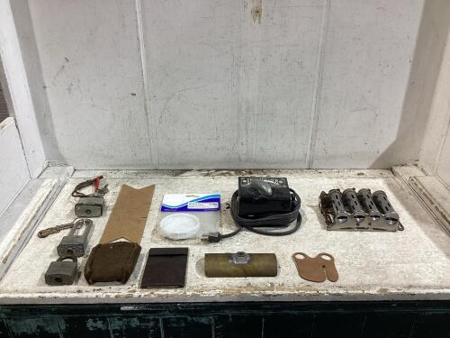 ANTIQUE BOX OF MISCELLANEOUS W/ TOY TRANSFORMER, SOLE DISTRIBUTOR & KEY LOCKS