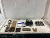 ANTIQUE BOX OF MISCELLANEOUS W/ TOY TRANSFORMER, SOLE DISTRIBUTOR & KEY LOCKS