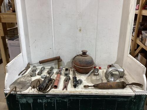 ANTIQUE BOX OF MISCELLANEOUS W/ GREASE GUN, INSECT SPRAYER, FLASHLIGHT, TROWELS & PIPE CUTTERS