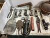 ANTIQUE BOX OF MISCELLANEOUS W/ GREASE GUN, INSECT SPRAYER, FLASHLIGHT, TROWELS & PIPE CUTTERS - 2