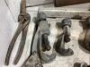 ANTIQUE BOX OF MISCELLANEOUS W/ GREASE GUN, INSECT SPRAYER, FLASHLIGHT, TROWELS & PIPE CUTTERS - 3