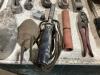 ANTIQUE BOX OF MISCELLANEOUS W/ GREASE GUN, INSECT SPRAYER, FLASHLIGHT, TROWELS & PIPE CUTTERS - 5