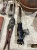 ANTIQUE BOX OF MISCELLANEOUS W/ GREASE GUN, INSECT SPRAYER, FLASHLIGHT, TROWELS & PIPE CUTTERS - 7