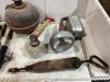 ANTIQUE BOX OF MISCELLANEOUS W/ GREASE GUN, INSECT SPRAYER, FLASHLIGHT, TROWELS & PIPE CUTTERS - 9