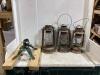 ANTIQUE BOX W/ TREE HOLDER/BASE & (3) LANTERNS