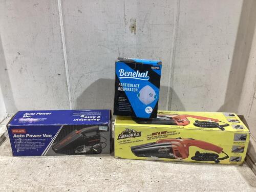 SHOP BOX W/ BENEHAL PARTICULATE RESPIRATOR, AUTO POWER-VAC & 12V CAR-VAC