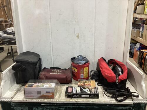 SHOP BOX OF MISCELLANEOUS W/ POWER WELD GROUND CLAMP, FIFTH WHEEL LUBRICANT, FIRST AID KIT