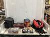 SHOP BOX OF MISCELLANEOUS W/ POWER WELD GROUND CLAMP, FIFTH WHEEL LUBRICANT, FIRST AID KIT