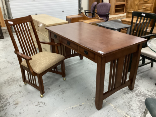 LARGE WOOD TABLE W/CHAIR. MISSION STYLE. BOW TIE INSETS