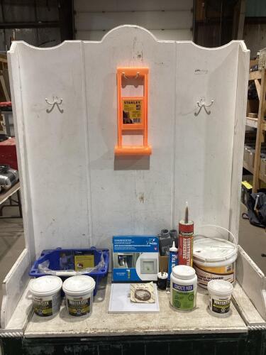 SHOP BOX W/ WATERTILE, FLEXTILE, CONCRETE PATCH, CONSTRUCTION ADHESIVE, ICE MAKER OUTLET BOX & MISCELLANEOUS