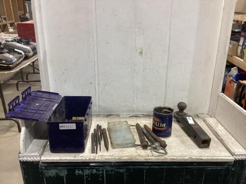 PLASTIC SHOP CONTAINER OF MISCELLANEOUS W/ PINS, BALL HITCH, ALLEN WRENCHES & PUNCHES