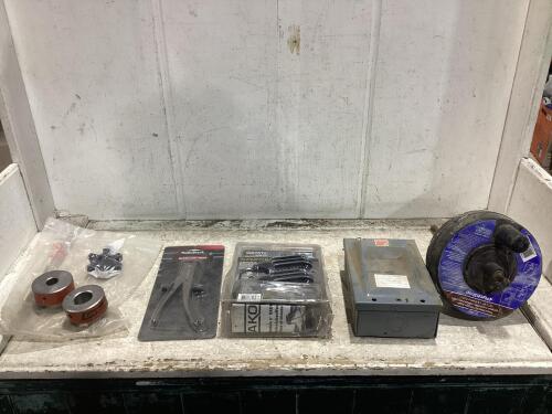 SHOP BOX W/ ELETRICAL BOX, CANISTER AUGER, NIBBLING TOOL, BOOT-SHOE WARMER & MISCELLANEOUS