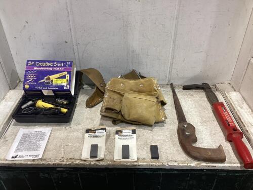 SHOP BOX W/ SAW, NAILER PULLER, WAIST TOOL BAG, CERAMIC MAGNETS & WOOD-WORKING TOOL KIT