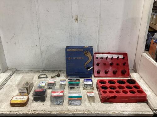 SHOP BOX OF ASSORTED SCREWS, NAILS W/ O-RINGS & HOME-WIRE