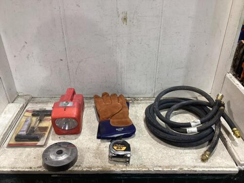 SHOP BOX W/ AIR BRAKE HOSE, WELDING GLOVES, MEASSURE TAPE, CUT-OFF WHEELS, FLASHING LIGHT & TIRE REPAIE KIT