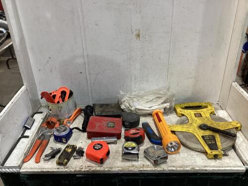 SHOP BOX W/ MEASURE TAPES, ALLEN WRENCHES, FLASH LIGHT & MISCELLANEOUS