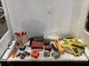 SHOP BOX W/ MEASURE TAPES, ALLEN WRENCHES, FLASH LIGHT & MISCELLANEOUS